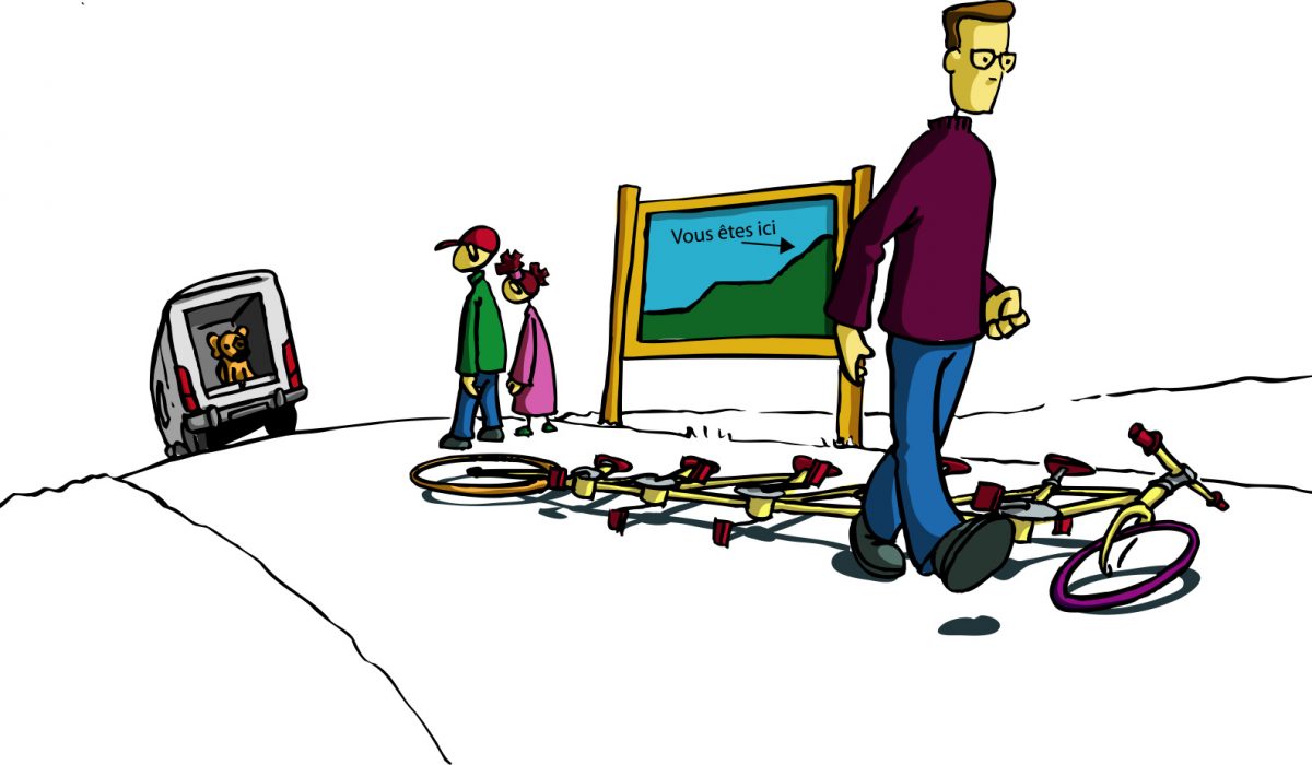 Un homme tourne le dos au camion de la fourrière qui emmène le chien sous les yeux de ses enfants.